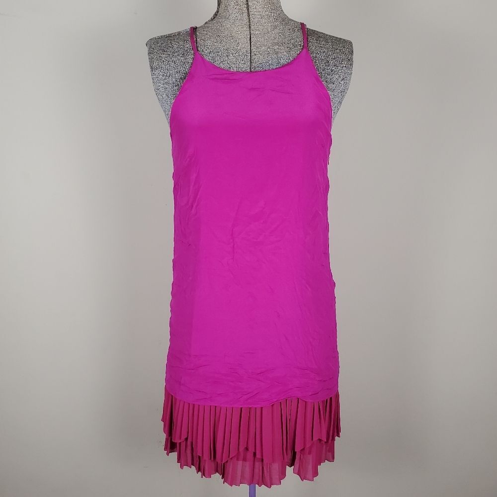 Anthropologie Greylin Hot Pink Layered Pleated Silk Dress Size S